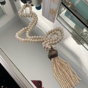 Pearl necklace with highquality CZ&synthetic Ruby